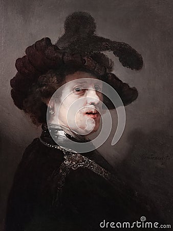 Tronie of a Man with a Feathered Beret, painting by Rembrandt van Rijn Editorial Stock Photo